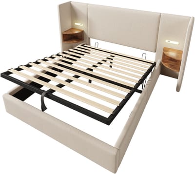 Gotagee Gestoffeerd bed tweepersoonsbed opbergbed multifunctioneel bed bed zonder hoofdboard slaapkamerbed logeerbed hoofdbord met twee opbergplanken linnen stof Bed met opbergruimte Bed zonder matras 160x200cm