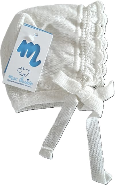 Mac Ilusion Baby mutsje / bonnet met ajour rand | crudo / creme | met gebreid striklint | maat 56-62 | 1-3 maand