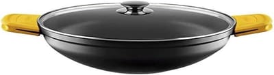 Diepe concave braadpan 32 cm met glazen deksel – gegoten aluminium, antiaanbaklaag, geschikt voor alle kookplaten behalve inductie