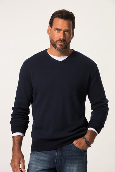 JP 1880 - Heren - Trui CashmereTouch fijn breisel V-hals - Navy blauw - Maat L