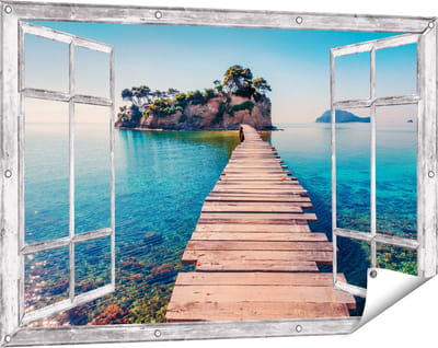 Gards Tuinposter Doorkijk Pad op het Water naar een Grieks Eiland - 120x80 cm - Tuindoek - Tuindecoratie - Wanddecoratie buiten - Tuinschilderij