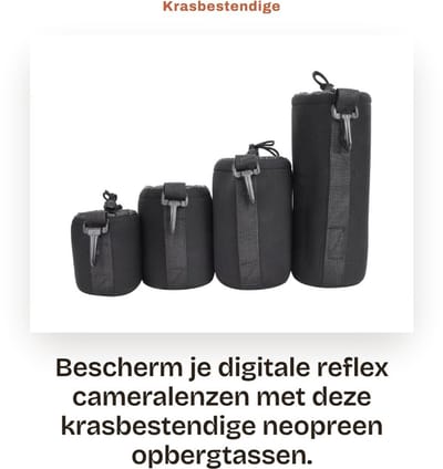 Dailygoods- Cameralens Opbergtas Krasbestendig - Neopreen Lens Tas - Zachte Voering - 3 Stuks - Haak voor Draaggemak - Elastische Sluiting - Lenstas