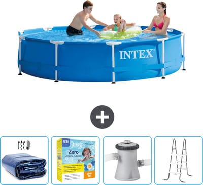 Intex Rond Frame Zwembad - 305 x 76 cm - Blauw - Inclusief Solarzeil - Onderhoudspakket - Zwembadfilterpomp - Ladder