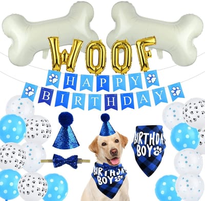 Allecto - Huisdier Verjaardagset - Feestbenodigdheden voor Honden - Blauw met Ballonnen - Puppy Verjaardag Hoed en Bandana - Geschikt voor Alle Rasse