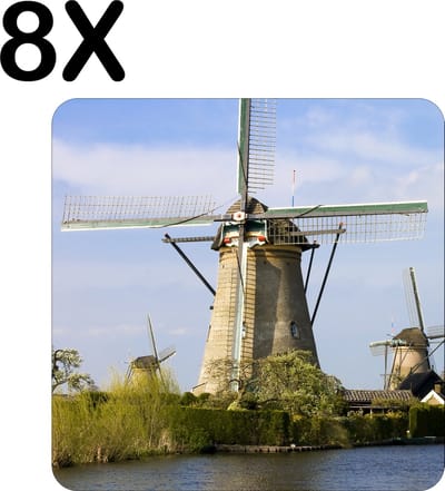 Luxe Placemat - Nederlandse Molens aan het Water - Set van 8 Placemats - 50x50 cm - 2 mm dik Vinyl - Anti Slip - Afneembaar