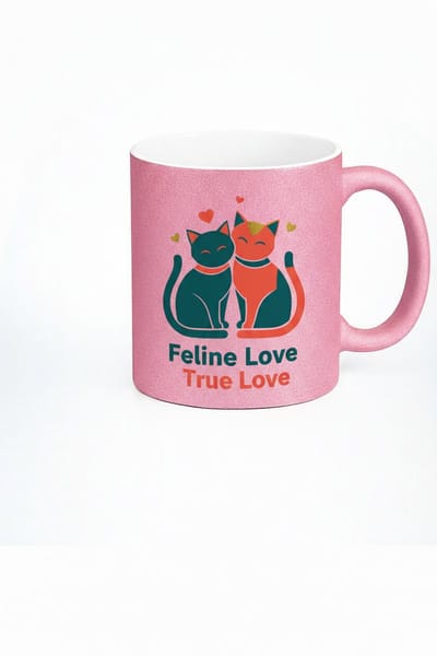 Feline Love True Love Katten Mok – Roze Glitter Liefdesmok met Kattenprint | Valentijn Cadeau voor Kattenliefhebbers