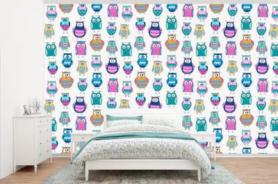 Behang - Fotobehang Regenboog - Uil - Cartoon - Breedte 375 cm x hoogte 240 cm