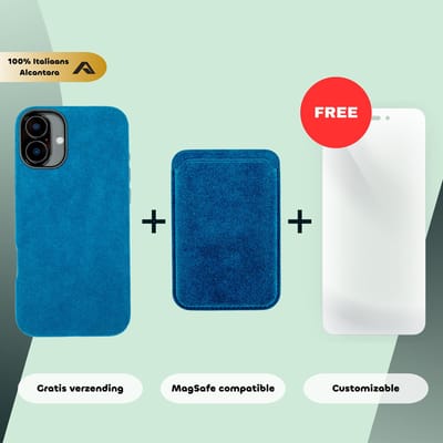 iPhone 16 Plus – Alcantara Case + MagSafe Wallet + Gratis Screenprotector | Sapphire Blue