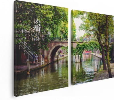 Artaza Canvas Schilderij Tweeluik Dichtbegroeide Brug Op De Oudegracht In Utrecht - 120x80 - Foto Op Canvas - Canvas Print