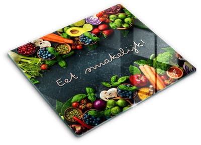 Wallfluent Glazen Snijplanken - Fruit en Groenten, Eet smakelijk! Snijplanken Glas - 60 cm x 52 cm - Veelkleurig Snijplanken van Glas - Keuken Snijplank Glas - Glazen Snijplank Voor Keuken - Antislip Glazen Snijplank
