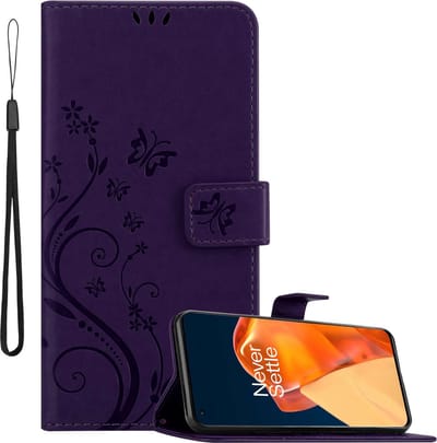 Cadorabo Hoesje geschikt voor OnePlus 9 PRO in BLOEMEN DONKER PAARS - Beschermhoes in bloemmotief met magnetische sluiting, standfunctie en kaartsleuven Book Case Cover Etui
