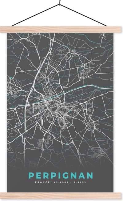 Posterhanger incl. Poster 40x60 cm - Schoolplaat - Kaart - Stadskaart - Plattegrond - Frankrijk - Perpignan - Textielposter - Blanke latten - Stadskaart
