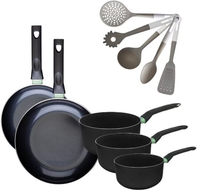 Set van 2 Pannen 24/28 cm & 3 Kookpotten 16/18/20 cm Fackelmann Brandao met 5 Vario keukengerei