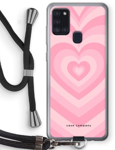 Case Company® - Hoesje met koord geschikt voor Samsung Galaxy A21s hoesje met Koord - Hart Roos - Telefoonhoesje met Zwart Koord - Bescherming aan alle Kanten en Over de Schermrand