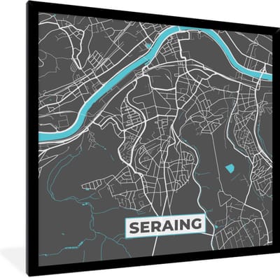 Fotolijst incl. Poster - Plattegrond – Seraing – Blauw – Stadskaart - Kaart - 40x40 cm - Posterlijst