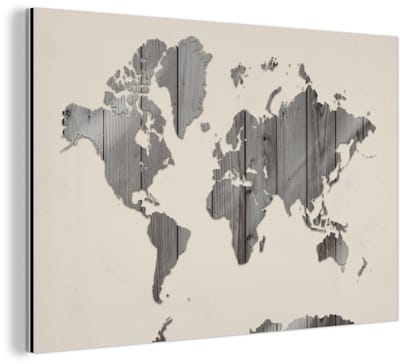 Aluminium schilderij 120x80 cm - Wanddecoratie metaal - Wereldkaart - Beige - Zwart - Wit - Metalen muurdecoratie woonkamer - Decoratie industrieel - Foto op dibond - Industriële accessoires slaapkamer