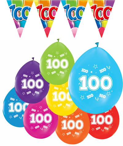 Feestpakket 100 jaar / 8 ballonnen en 1 vlaggenlijn 10 meter - Versiering Slinger Feestdecoratie Decoratie Verjaardag Jubileum Ballon Feest