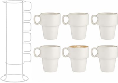 Vessia Design koffie mokken / bekers in rekje - met oor - 6x stuks - ivoor wit - keramiek - 360 ml - servies - witte kopjes - stapelbaar