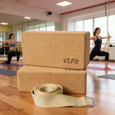 SnelShoppen - Set van 2 VLFit Kurk Yogablokken met 100% Katoenen Yogariem - Milieuvriendelijk en Ecologisch Yogablok voor Thuis en Yoga Studio