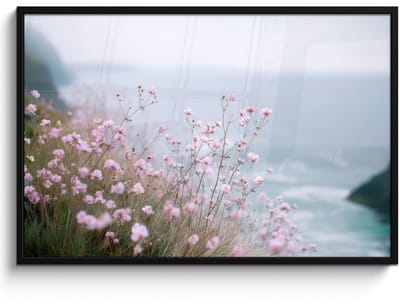 Poster in lijst - Fotolijst 120x80 cm - Posters - Klif - Bloemen - Zee - Roze - Posterlijst zwart - Decoratie - Wanddecoratie woonkamer - Muurdecoratie slaapkamer