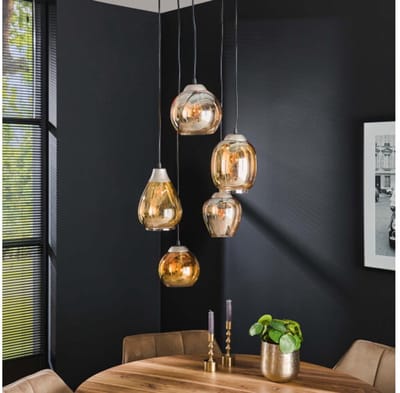 Hanglamp 5 Lampen - Philip Mix - 5 lichts - Amberkleurig Glas - Ovaal - Woonkamer - Keuken - In Hoogte Verstelbaar - Exclusief Lichtbron - Voedingstype Netstroom