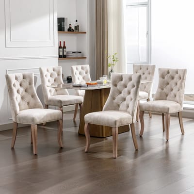 Wishdor Eetkamerstoel - Hoge Rugleuning Met Knopen - Fluweel - Lichtbeige - Houten Poten - Voor Eethoek En Woonkamer