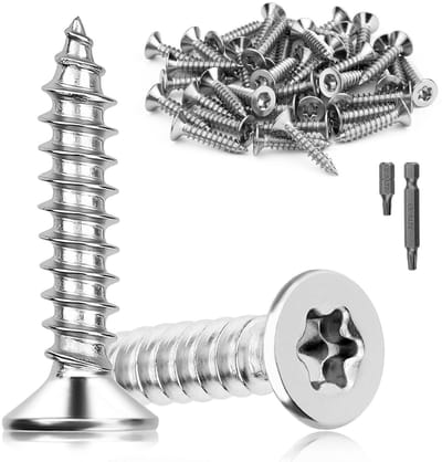 Set van 60 RVS Houtschroeven M5 x 25 mm, Torx, Verzinkte Kop, Geschikt voor Hout en Spaanplaat, Volledige Draad en Zelftappend