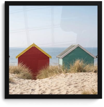 Poster in lijst - Fotolijst 40x40 cm - Posters - Strand - Huisjes - Kleurrijk - Duinen - Posterlijst zwart - Decoratie - Wanddecoratie woonkamer - Muurdecoratie slaapkamer