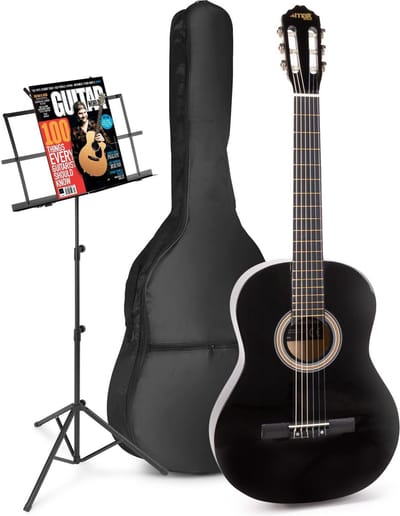 Akoestische gitaar voor beginners - MAX SoloArt klassieke gitaar / Spaanse gitaar 4/4 - Met o.a. 39'' gitaar, muziekstandaard, gitaartas, gitaar stemapparaat en extra accessoires - Zwart