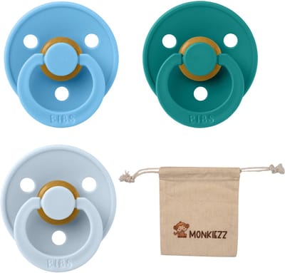 BIBS Fopspenen - Maat 2 6-18 maanden - Latex – Breeze, Scuba, Baby Blue + Monkiezz speenzakje
