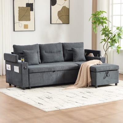 MODENUIT Slaapbank 212,5 x 136 x 86 cm - 3-Zits Met Opbergruimte, Usb-C En Uittrekbed - Woonkamer - Linnen Donkergrijs