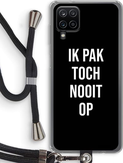 Case Company® - Hoesje met koord geschikt voor Samsung Galaxy A12 hoesje met Koord - Ik pak nooit op - Zwart - Telefoonhoesje met Zwart Koord - Bescherming aan alle Kanten en Over de Schermrand