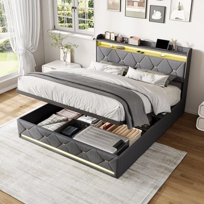 Gestoffeerd bedframe 140x200cm met draadloos opladen-USB en Type C-poort, RGB LED-lichtbed, modern bedframe, slaapkamermeubilair, hoofdeinde opbergbed, grijs linnen, zonder matras
