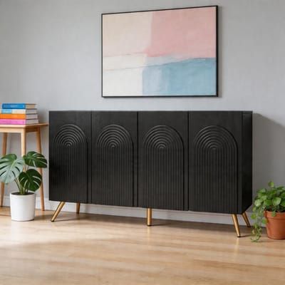 KOMHTOM - Sideboard mid-century stijl - 3D-groeven - Boogdeuren - Verstelbare planken - Goudkleurige metalen poten - Zwart