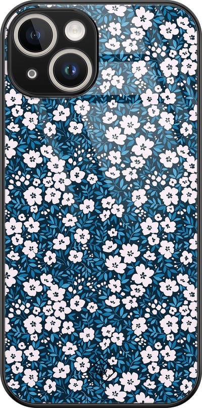 Casimoda® hoesje - Geschikt voor iPhone 14 - Bloemen Blauw - Luxe Hard Case Zwart - Backcover telefoonhoesje - Blauw