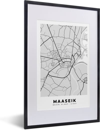 Fotolijst incl. Poster Zwart Wit- België – Maaseik – Stadskaart – Kaart – Zwart Wit – Plattegrond - 40x60 cm - Posterlijst