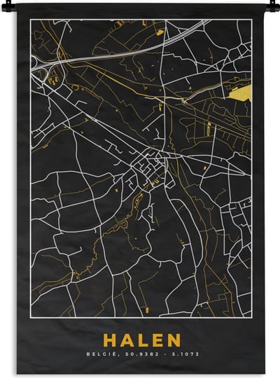 Wandkleed - Wanddoek - Halen - Plattegrond - Stadskaart - Kaart - Goud - 120x180 cm - Wandtapijt