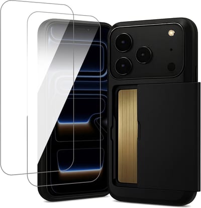 Hoesje met Pasjeshouder geschikt voor iPhone 17 Pro - 2x Screen Protector GlassGuard - Back Cover SlideCase Zwart & Screenprotector