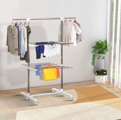MEUNIQ Droogtoren verrijdbaar en inklapbaar 136,5 x 55 x 154 cm met 2 niveaus, verstelbare hoogte, zijvleugels en zwenkwielen voor binnen en buiten in zilver