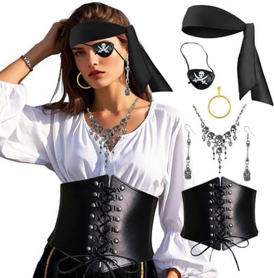 Dailygoods- Piratenkostuum Accessoires - 7 Stuks - Piratenhoed/Zwart - Ooglapjes - Doodskop Halsketting - Oorbellen - Carnaval Decoratie - Piratenoutfit