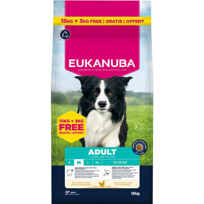 15 kg + 3 kg gratis! Eukanuba Premium Nutrition met Kip droogvoer voor honden 18 kg  - Adult Medium Breed