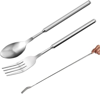 Telescopische Bestekset van 2 Stuks: Uittrekbare Vork en Lepel van RVS voor Koken en Kamperen, Verstelbare Lengte 22-64,5 cm