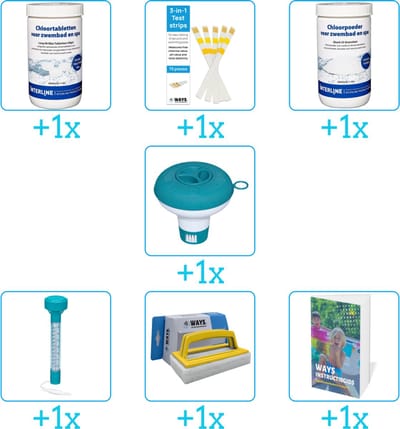 Zwembad Onderhoudspakket - Onderhoud Zwembad - bevat Chloor - Testrips - Chloor - Chloordrijver - Thermometer - Scrubborstel en Zwembadgids (7-delig)