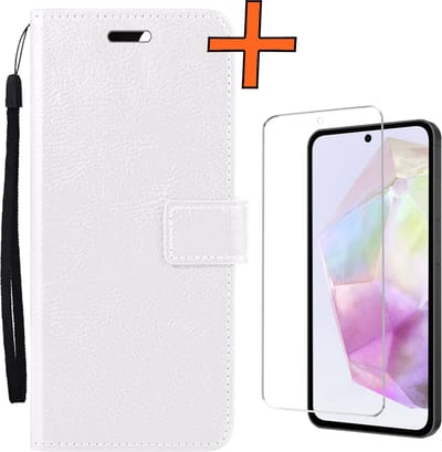 Hoes - Met Screenprotector - Geschikt voor Samsung Galaxy A35 - Luxe Pasjeshouder - Bookcase Portemonee - Flip Case - Kunstleer Book Case - Flipcase - Book Cover - Walletcase - PortemonneeHoes - Wit