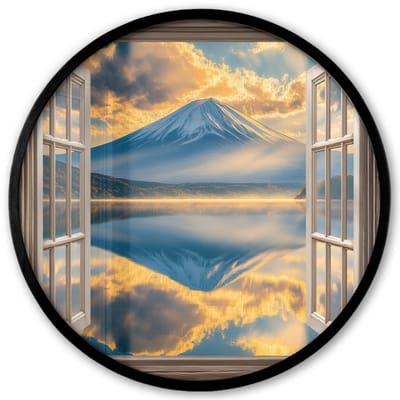 Poster in lijst Rond - Fotolijst 40x40 cm - Posters - Doorkijk - Landschap - Bergen - Uitzicht - Raam - Ronde posterlijst zwart - Decoratie - Wanddecoratie woonkamer - Muurdecoratie slaapkamer