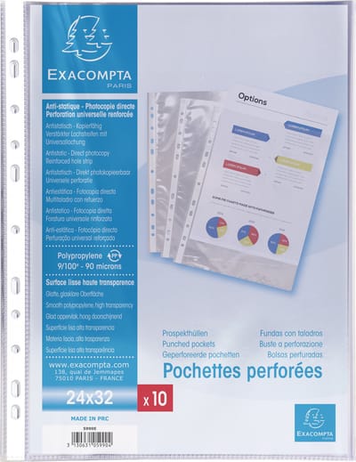 Exacompta 10x Pak van 10 geperforeerde showtassen- gladde PP 9/100ste - 24x32cm - Transparant - 5990E