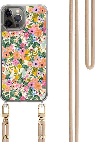 Casimoda® hoesje met beige koord - Geschikt voor iPhone 12 Pro - Pink Garden - Afneembaar koord - TPU/polycarbonaat - Bruin/beige