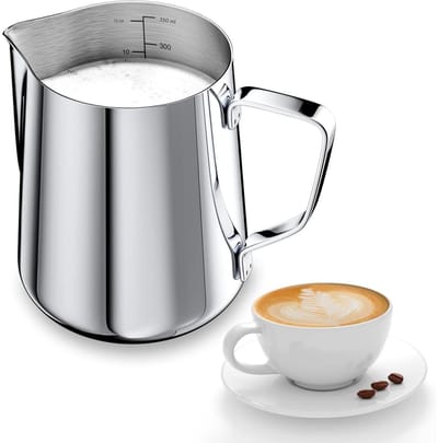 GELLDG 350ml Melkkannetje - voor het opschuimen van melk - gemaakt van roestvrij staal - met een 12-ounce markering - geschikt voor het maken van cappuccino's, espresso en latte art - ideaal voor koffieliefhebbers - zilver
