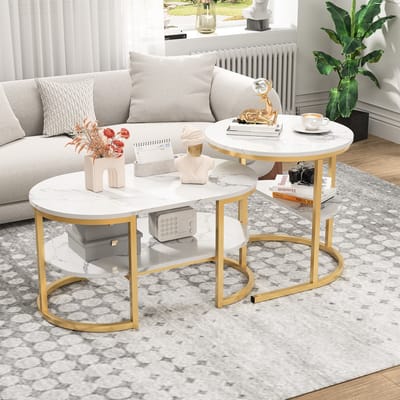 2-in-1 in elkaar passende salontafel, set van 2, moderne salontafel met marmerpatroon, ovale vorm, salontafel voor woonkamer, balkon en kantoor, bijzettafelset met metalen frame (wit + goud)