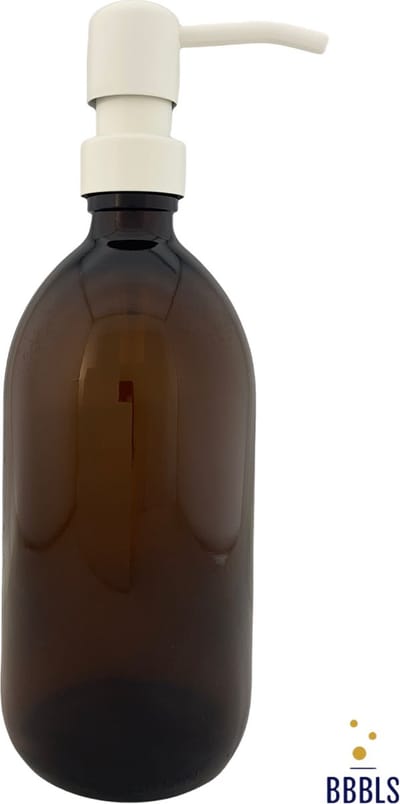 BBBLS® Design Dispenser "Blanco" | Bruin Glas | 500ml | RVS / Metaal Pomp Wit | Zeeppomp | Zeepdispenser | Zeephouder